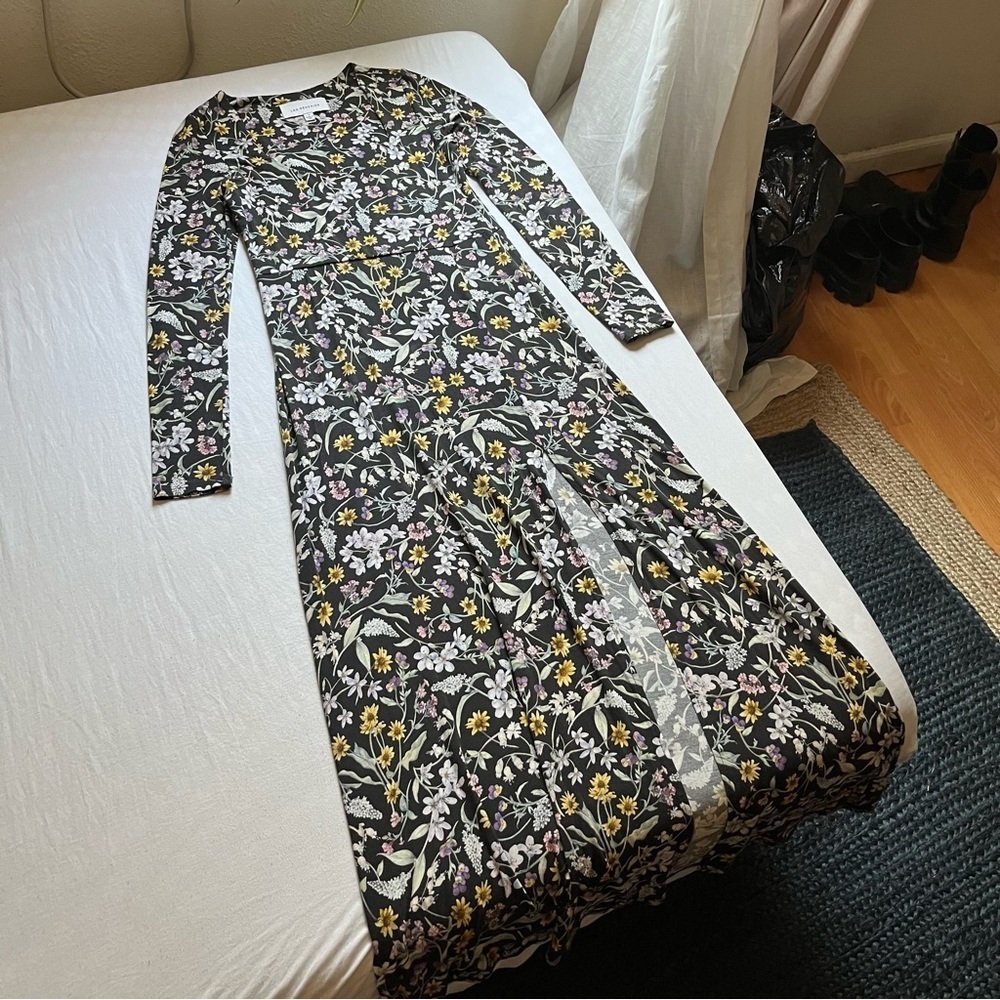 Les Reveries black scoop neck floral print knit long sleeve midi maxi dress